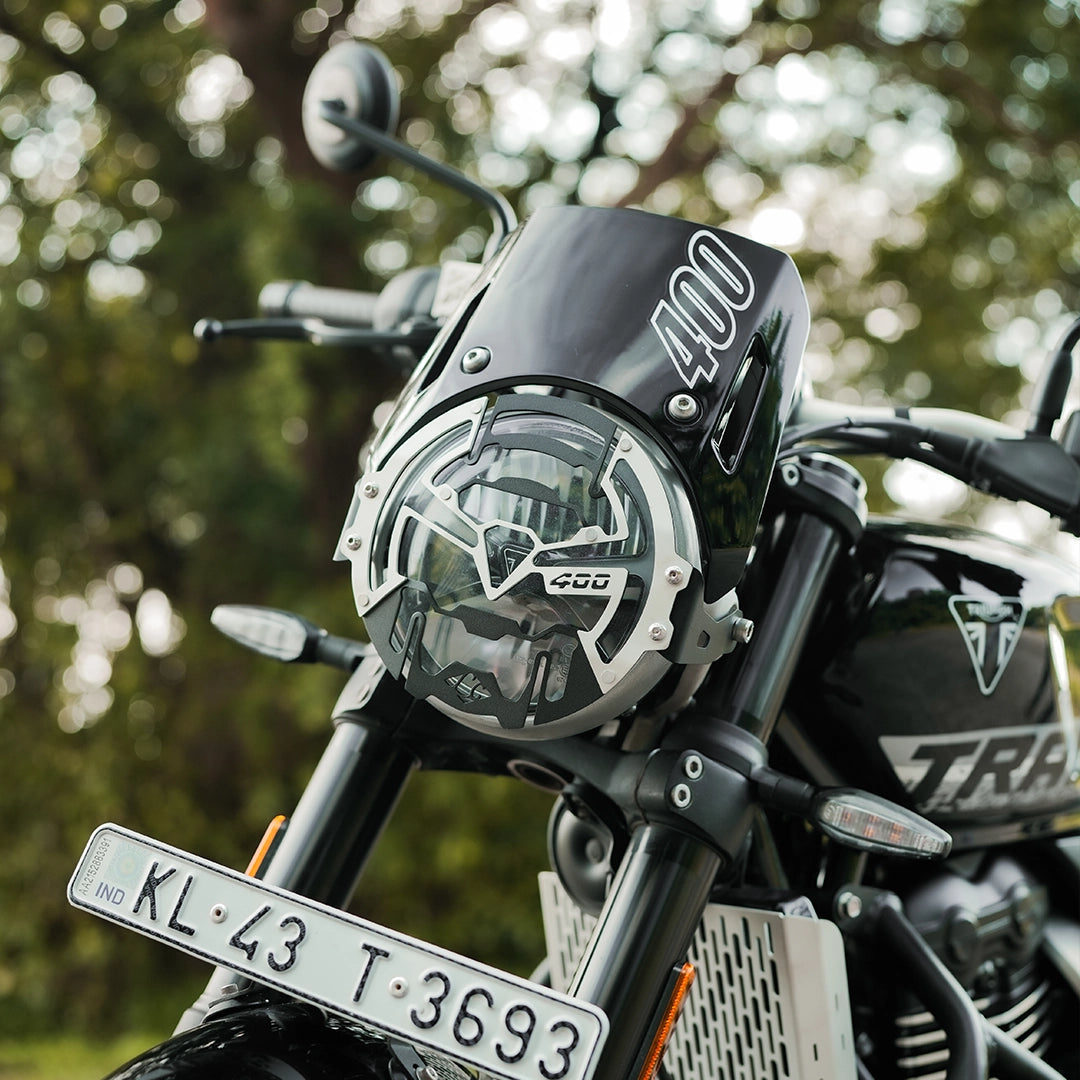 Triumph Tracker 400 headlight grill black and silver - MotoCo Motorcycles