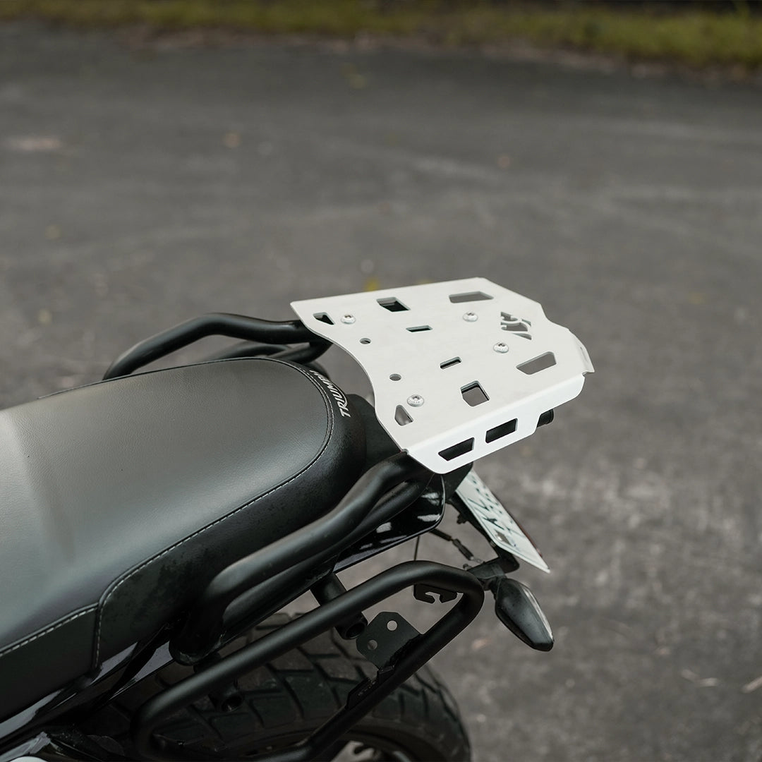 Triumph Tracker 400 rear luggage carrier with top box - MotoCo Motorcycles