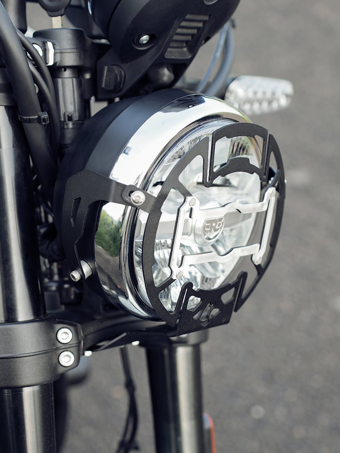 Royal Enfield Bear 650 headlight protector grill with number plate bracket by MotoCo Motorcycles
