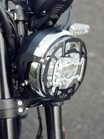 Royal Enfield Bear 650 headlight protector grill with number plate bracket by MotoCo Motorcycles