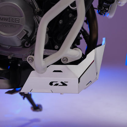 BMW F450 GS Bash Plate Silver - installed on the motorcycle