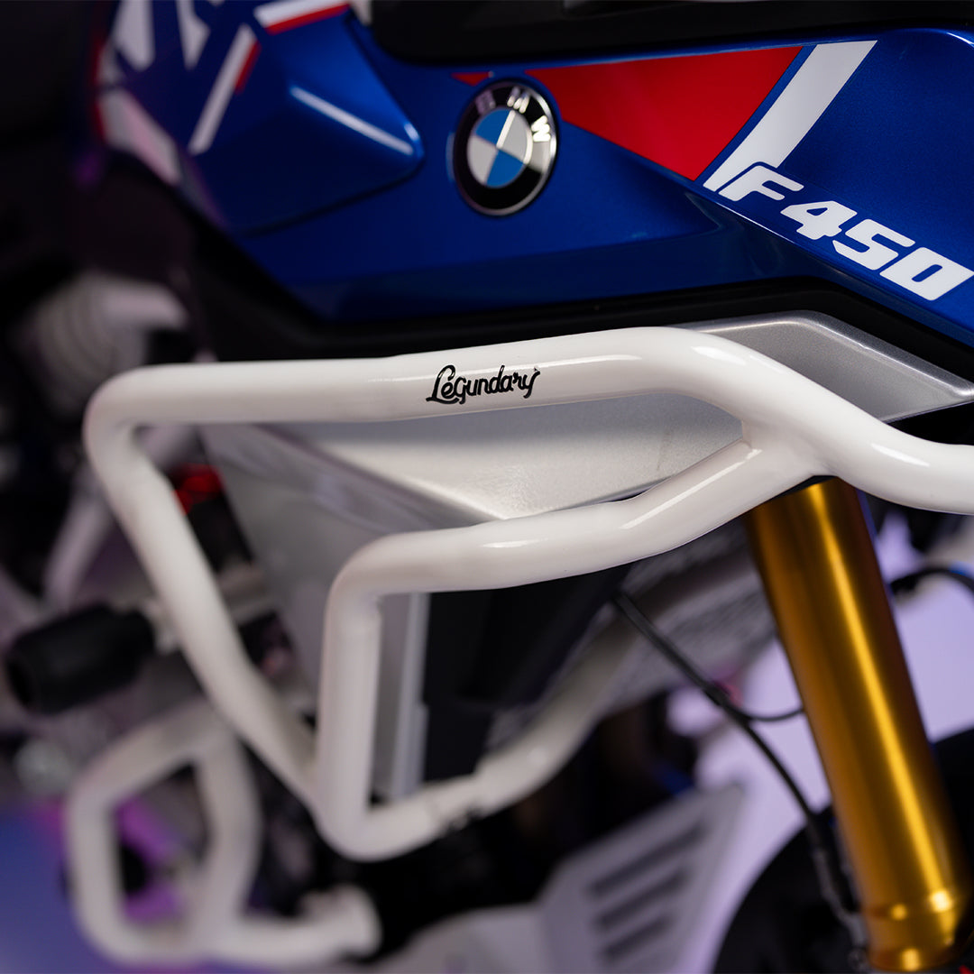 BMW F450 GS Crash Guard White - installed on the motorcycle