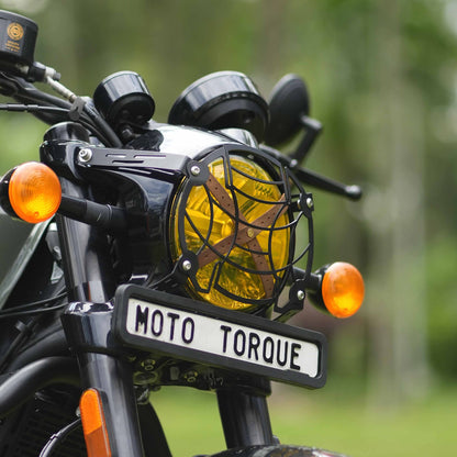 Headlight grill guard fitted to a Royal Enfield Shotgun 650