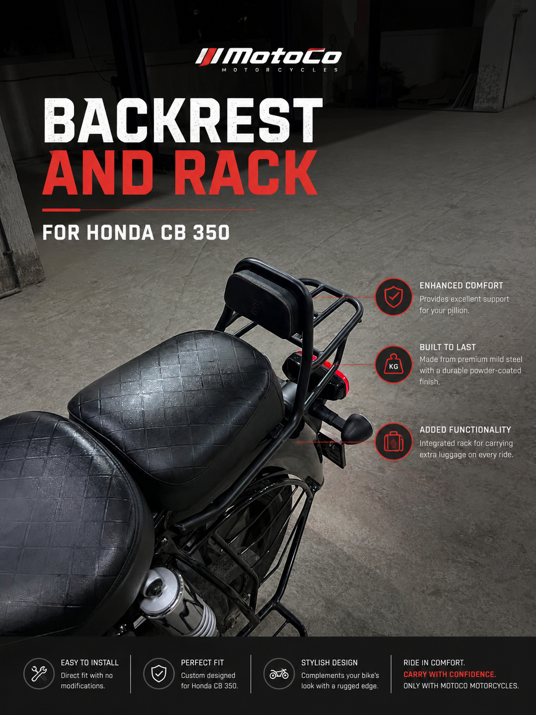 Honda CB350 Backrest with Luggage Rack | Passenger Backrest & Rear Rack | MotoCo Motorcycles