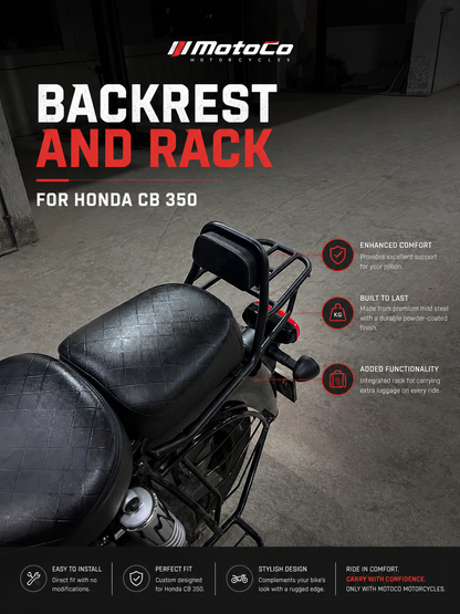 Honda CB350 Backrest with Luggage Rack | Passenger Backrest & Rear Rack | MotoCo Motorcycles