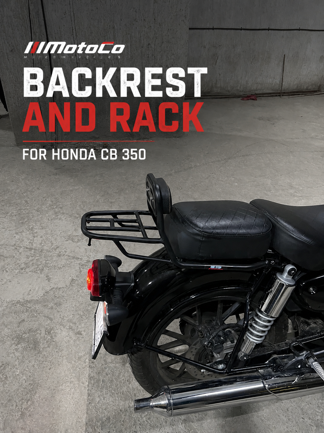 Honda CB350 Backrest with Luggage Rack | Passenger Backrest & Rear Rack | MotoCo Motorcycles