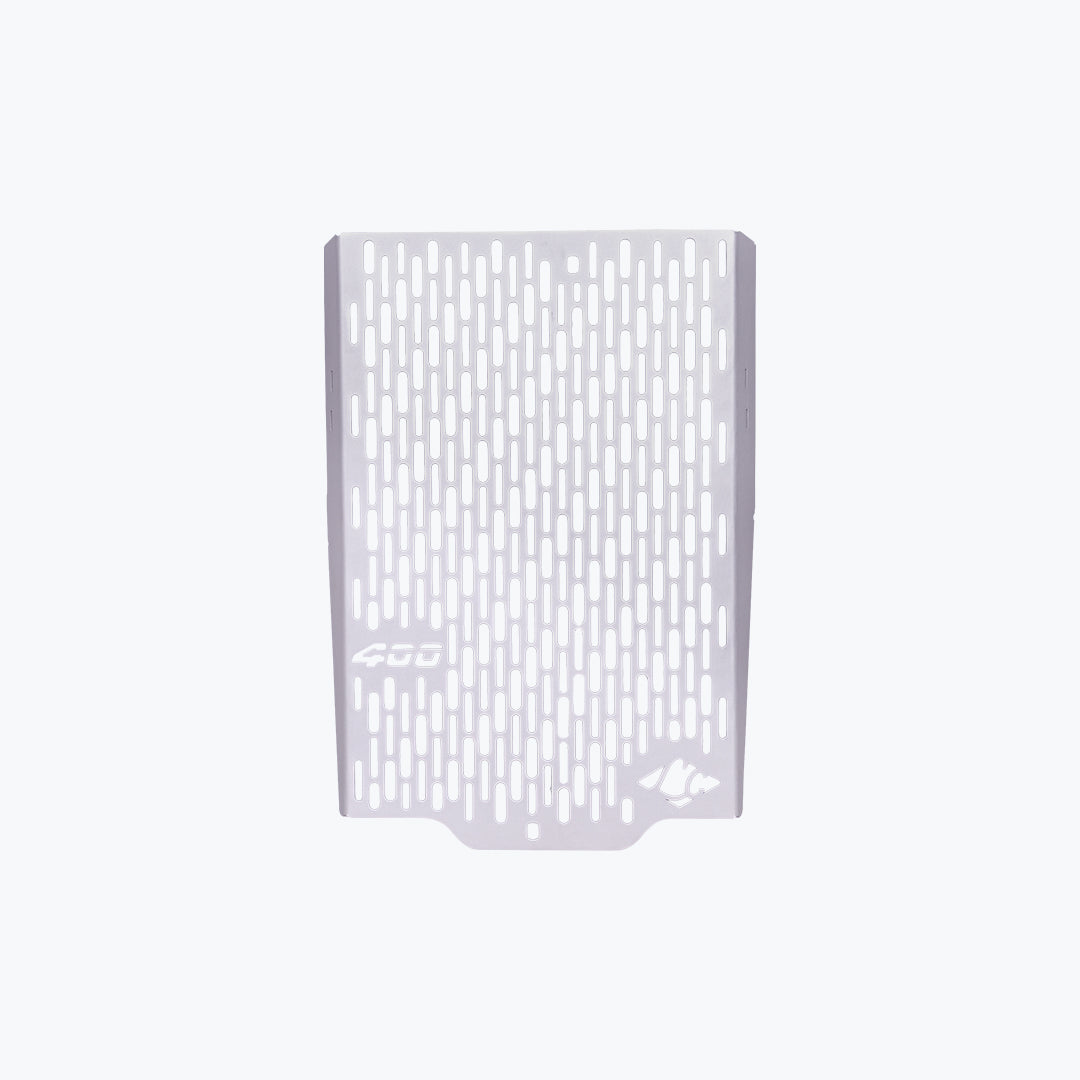 Triumph Tracker 400 radiator guard silver angle - MotoCo Motorcycles