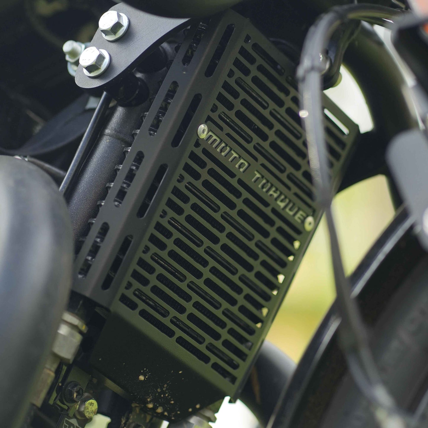 Radiator guard installed on a Royal Enfield Shotgun 650