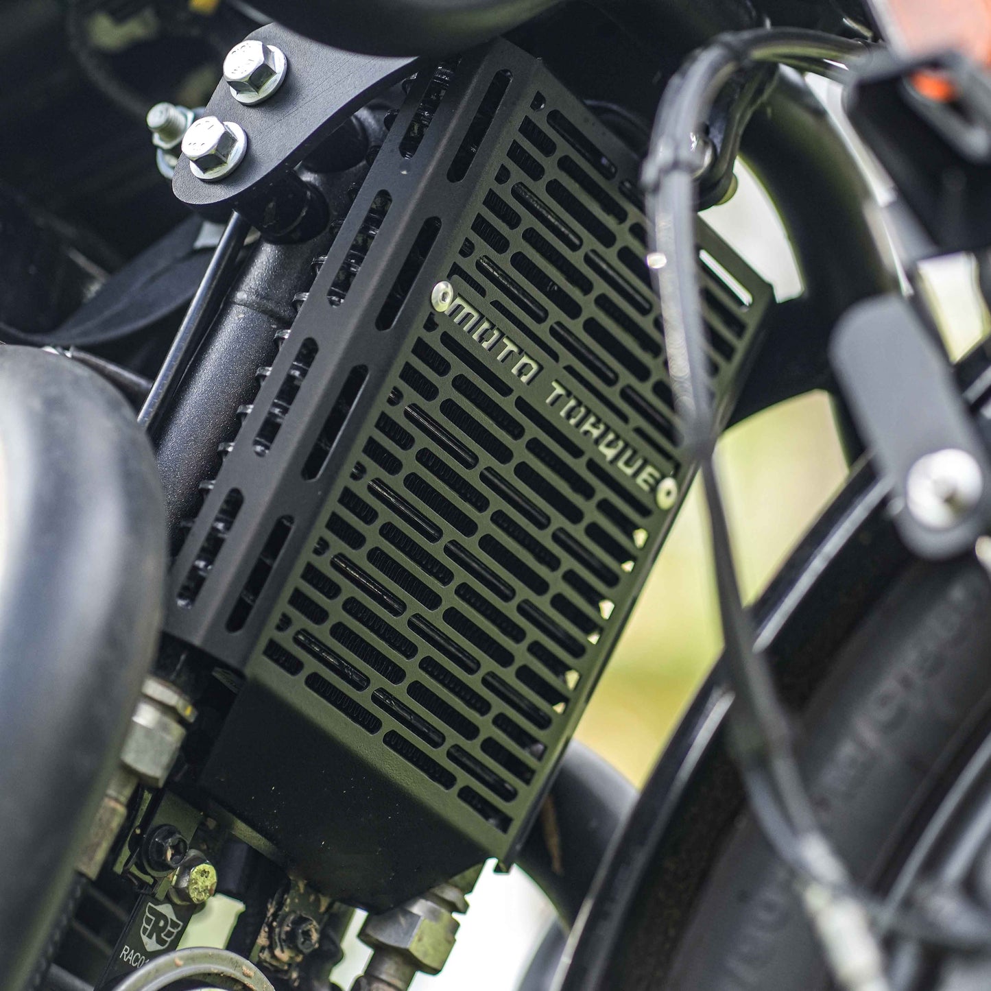 Radiator guard installed on a Royal Enfield Shotgun 650