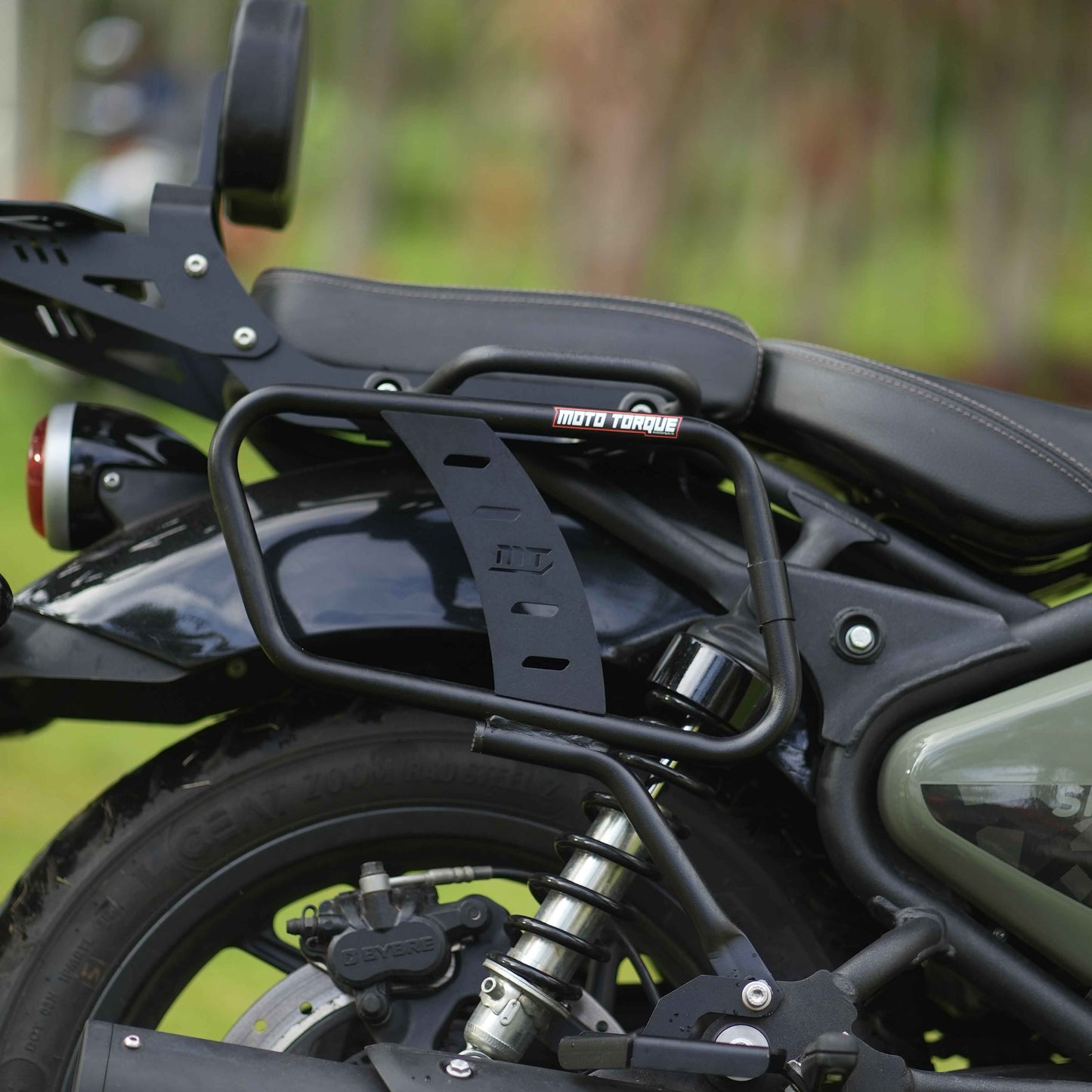Saddle stay pannier mount installed on a Royal Enfield Shotgun 650