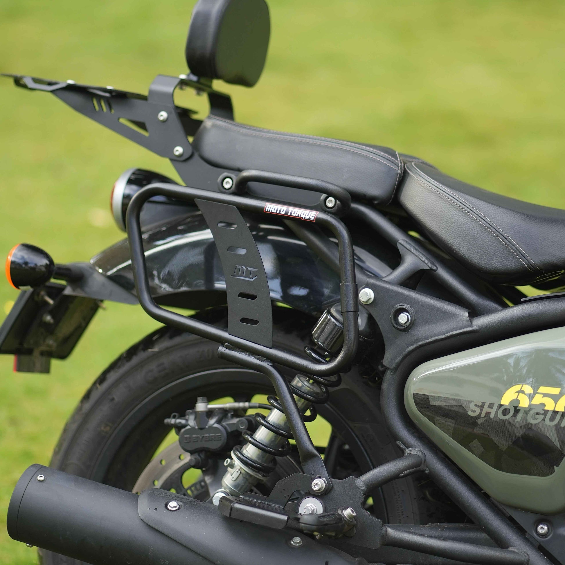 Saddle stay pannier mount installed on a Royal Enfield Shotgun 650