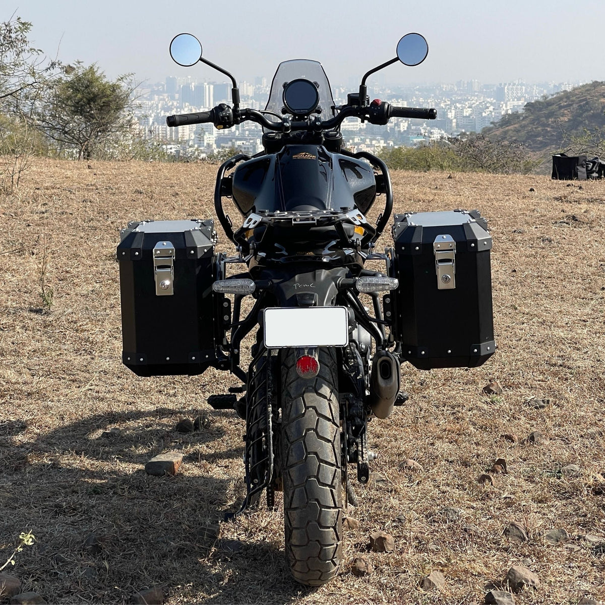 Himalayan 450 panniers mounted on bike