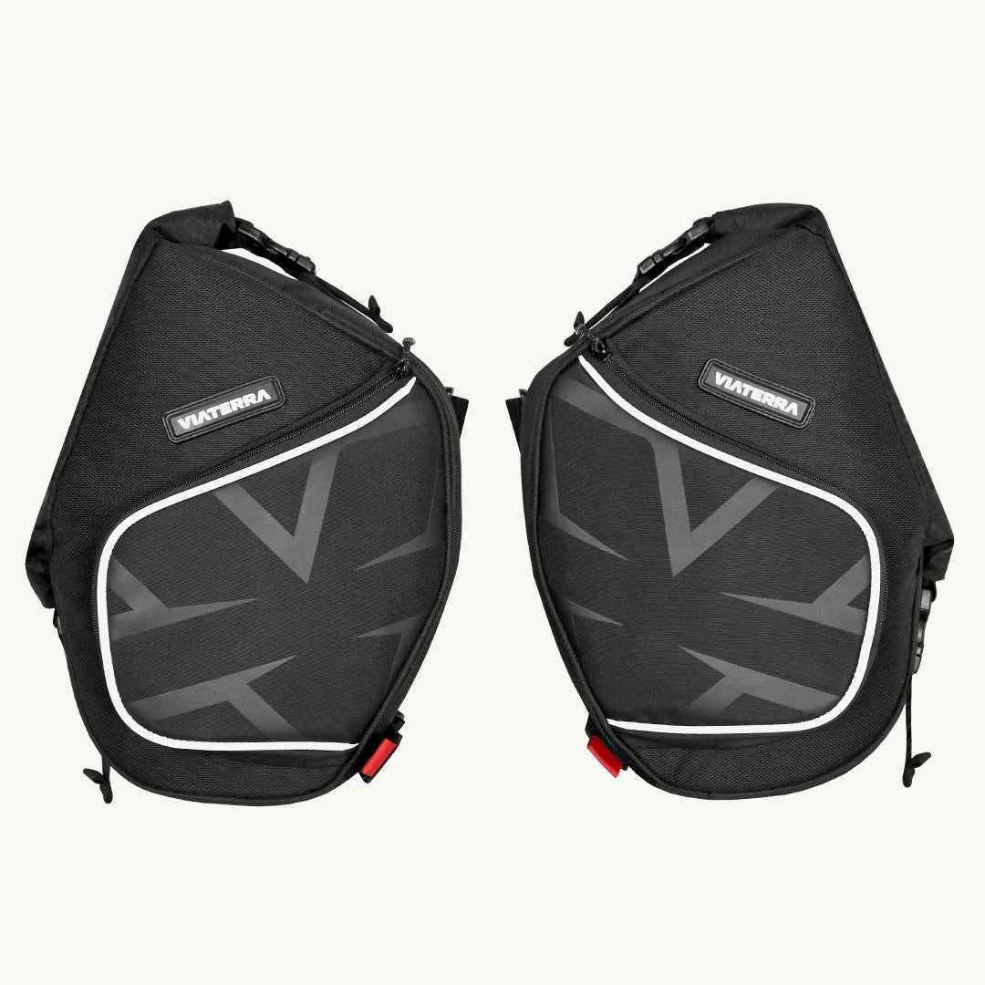 Himalayan 450 front frame bags mounted on bike