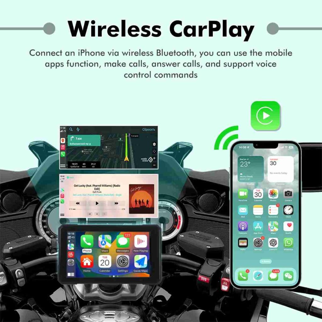 5 Inch Motorcycle Navigation Screen with Wireless Apple CarPlay & Android Auto – Quick Detachable GPS Display